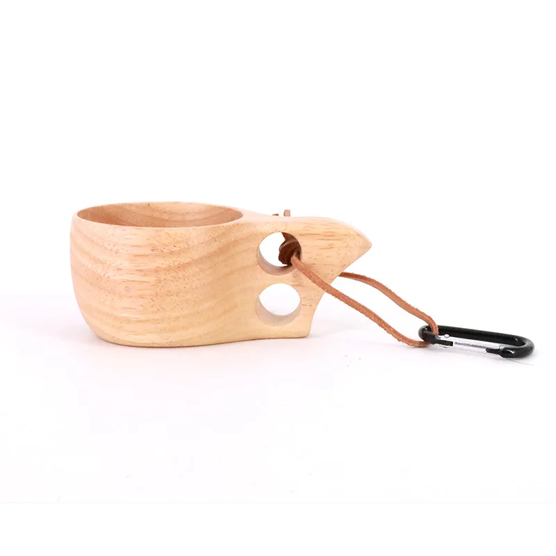 Outdoor Lightweight Solid Rubber Wood Cup With Carabiner and leather Lanyard Handmade Wooden Camp Mug