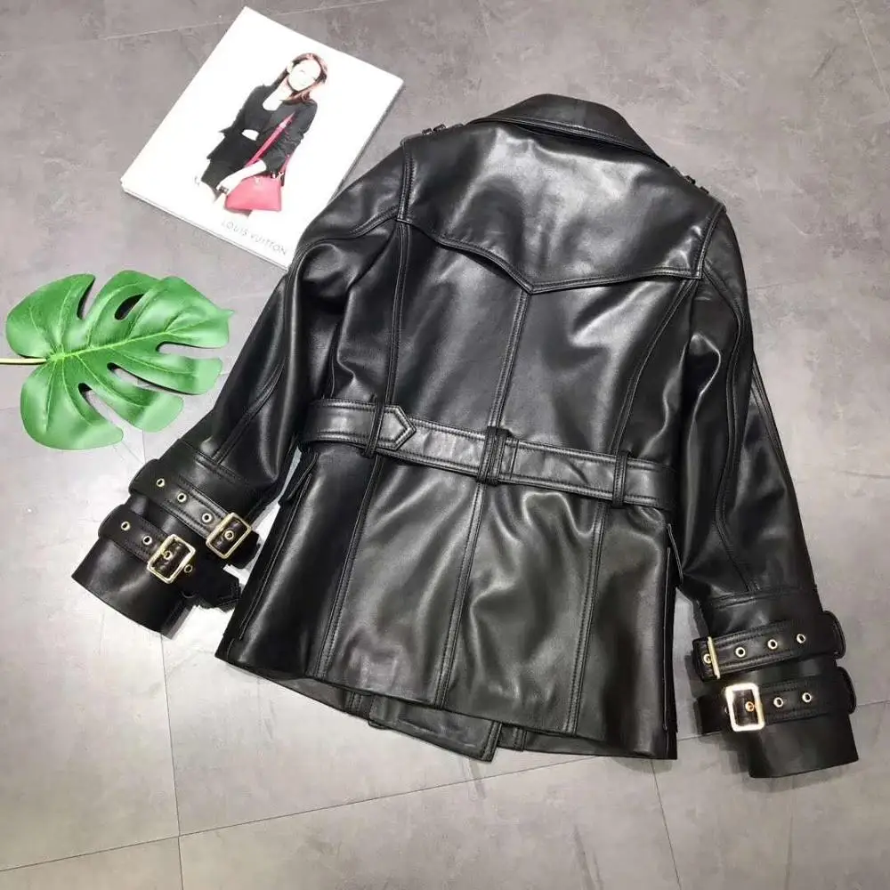 New Brand Women Coat Spring 2023 Turn-Down Collar Clothes With Sashes Genuine Leather Jacket Female Fashion Outerwear Size M-XXL