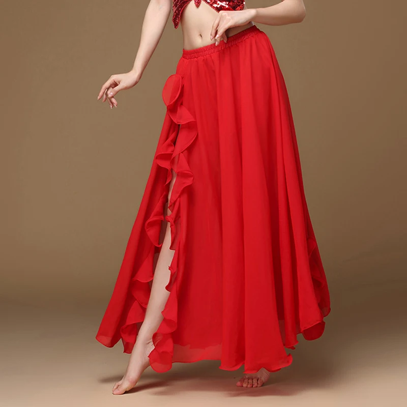 2019 New Performance Belly Dance Clothing Long Maxi Skirts Side Slit Bellydance Skirt Sheer Chiffon with Ruffles