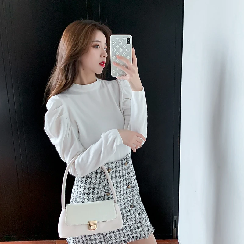 O-Neck Women Sweater High Elastic Solid 2021 Fall Winter Fashion Sweater Women Slim Sexy Knitted Pullovers Puff Sleeve Tops