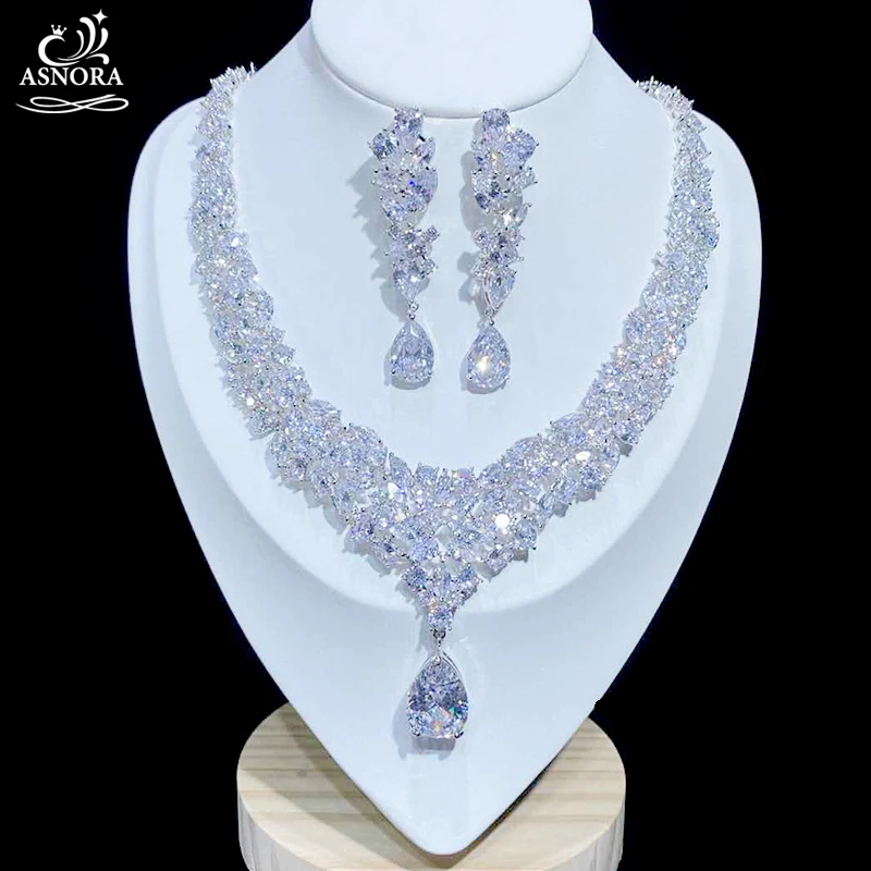 ASNORA-Conjunto de joyería nupcial de lujo, Circonia cúbica brillante, collar de boda, pendientes, accesorios para novias X0826