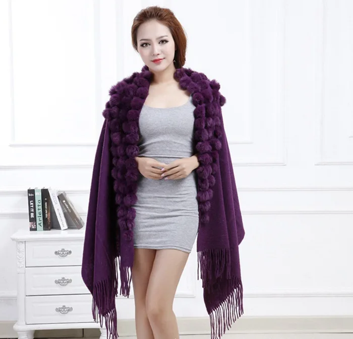 20 Colors Triangle Real Rabbit Fur Ball Shawl Wraps Winter Women Cashmere Tassel Cape Pompon Cloak Lady Mum Gift Casaco Feminino