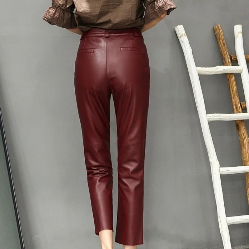 Genuine Fashion Leather Slim Pencil Pants Women Casual Sheepskin Ankle Length Pants Luxury Elegant Office Lady Zipper Pants