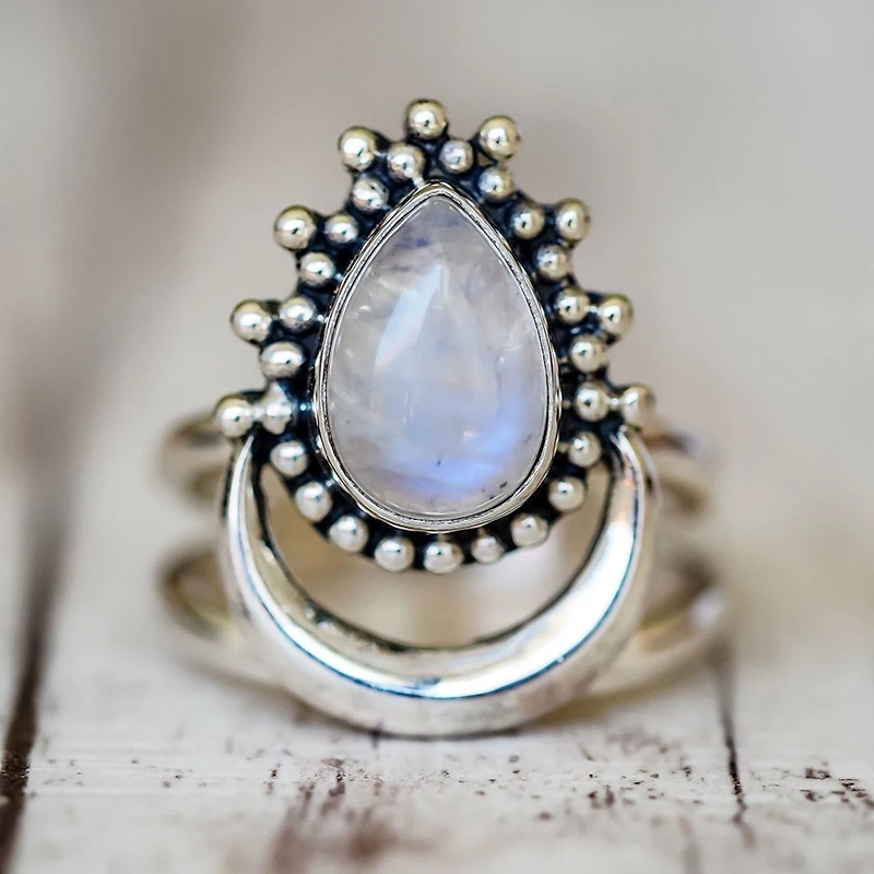 Charm Large Antique Marquise Created Moonstone Rings 925 Silver Women\'s Vintage Punk Jewelry Ring Unique Anniversary Party Gift