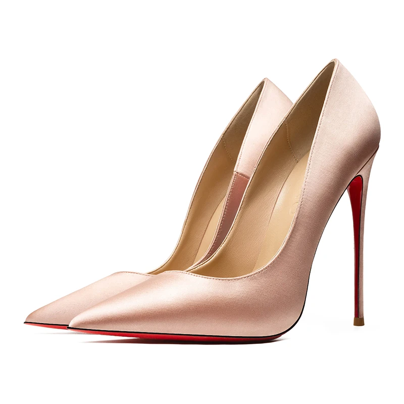 

Quality Silk Satin Women Sexy Pumps Red Bottom Shoes Wedding Party Dress Pointed Toe Shallow High Heels Thin Heel Stilettos