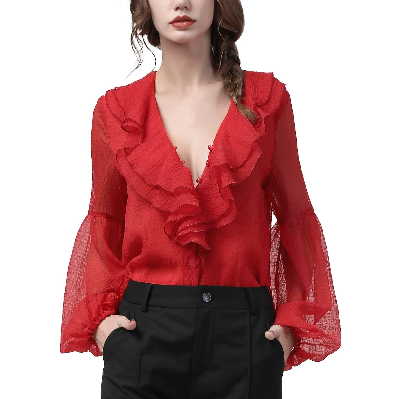 Women\' Long Lantern Sleeve Red Chiffon Blouse Ruffle Tops Loose Plus Size 2022 Spring Summer New Sexy V-Neck Fashion Blouses