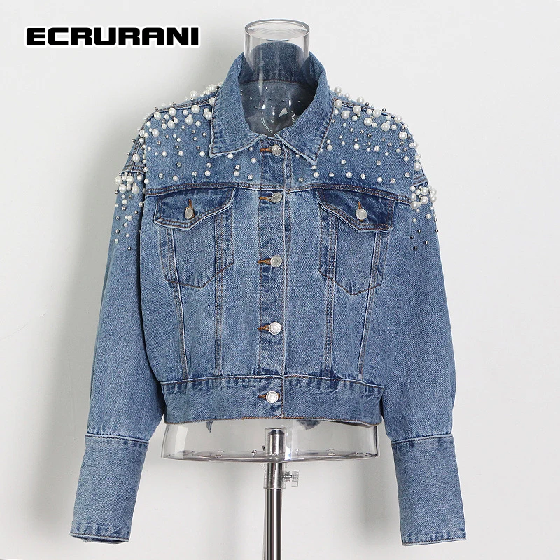 

ECRURANI Blue Casual Patchwork Jacket For Women Lapel Collar Long Sleeve Pockets Button Jackets Female Fashion Clothing 2021 New