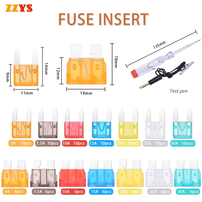 

112pc 5A 7.5A 10A 15A 20A 25A 30A Automotive Truck Auto Car Blade Type Fuse Aluminum Fuses Assortment Set with Box Clip Test Pen