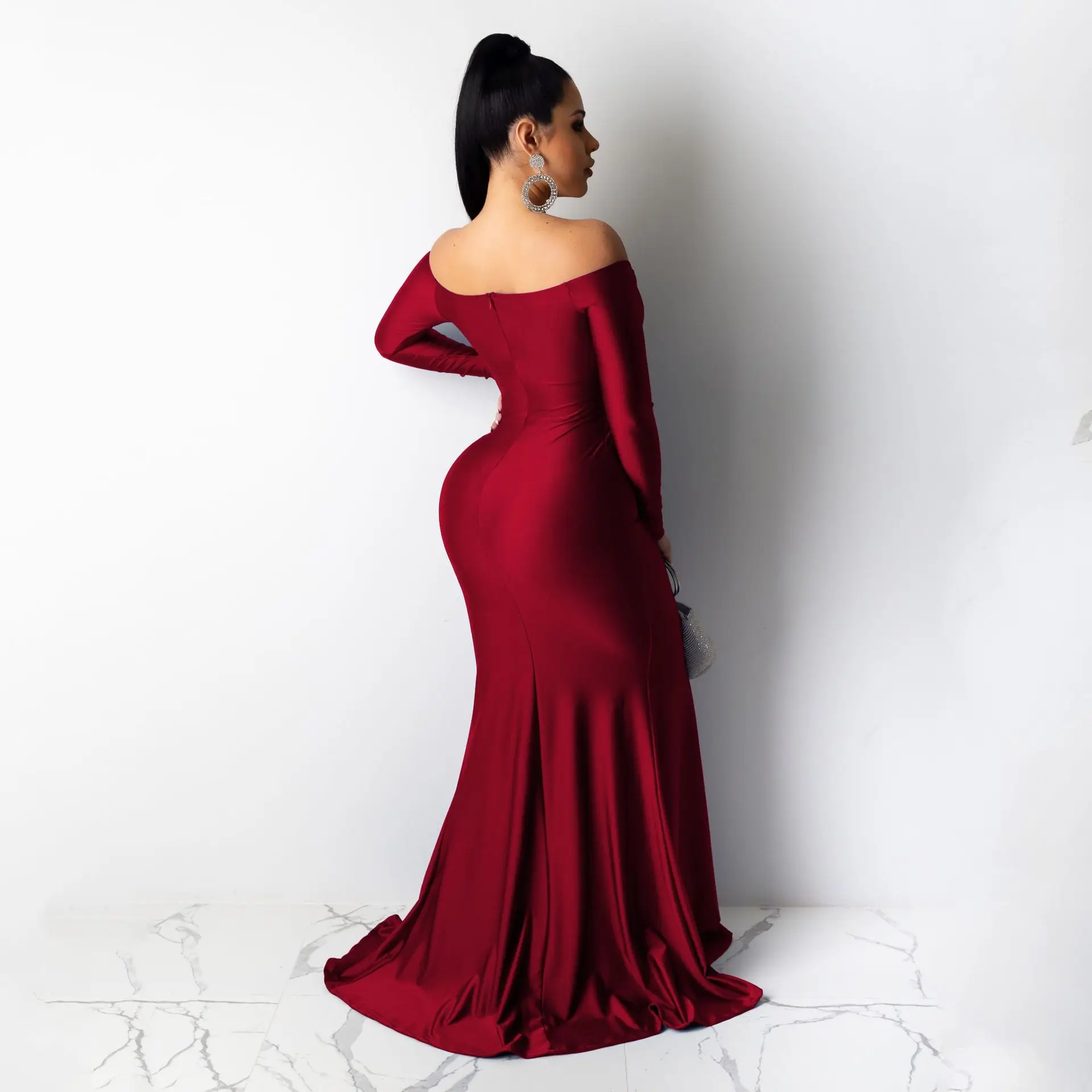 Fall Winter Women Off Shoulder Plunging V-neck High Side Split Mermaid Maxi Red Dress Sexy Night Party Club Long Dresses