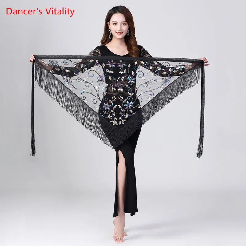 Belly Dance Hip Scarf Mesh Sequins Triangle Skirt Practice Clothes Female Adult Elegant Tassel Belt Performance Clothing