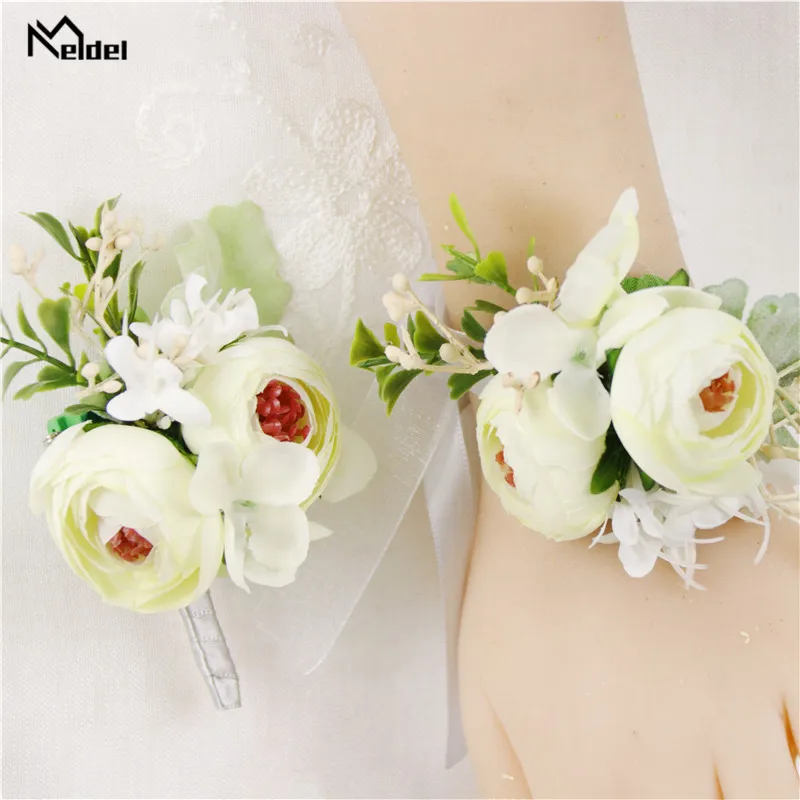 Meldel Chú Rể Boutonniere Hoa Cưới Lụa Hoa Hồng Phù Dâu Cổ Tay Corsages Cưới Vòng Tay Hoa Xòe Phù Hợp Với Chân Trang Trí