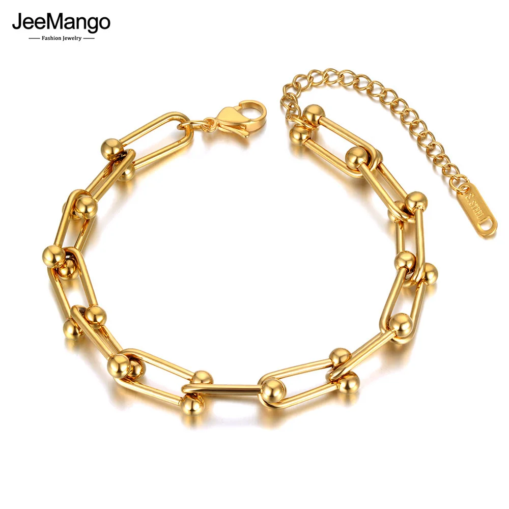 JeeMango Hiphop/Rock 18K Gold Plated Stainless Steel Geometry Charm Bracelet For Women Trendy Chain Bracelet Jewelry JB21118