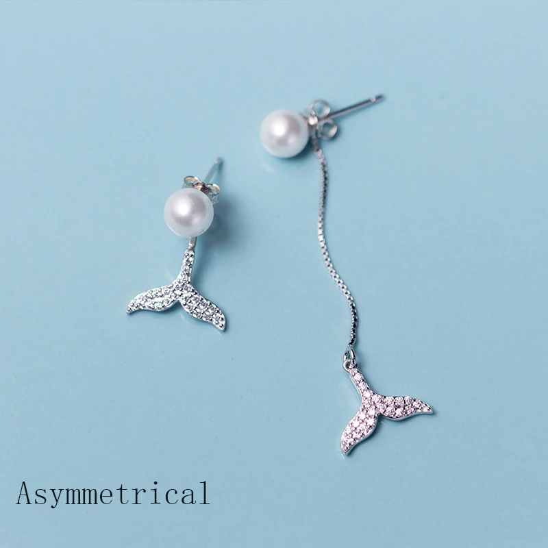 YIZIZAI 925 Sterling Silver Cute Tiny Japanese style Pearl Whale Tail Earrings Women Sweet Mermaid Tail Back Hanging Ear Jewelry