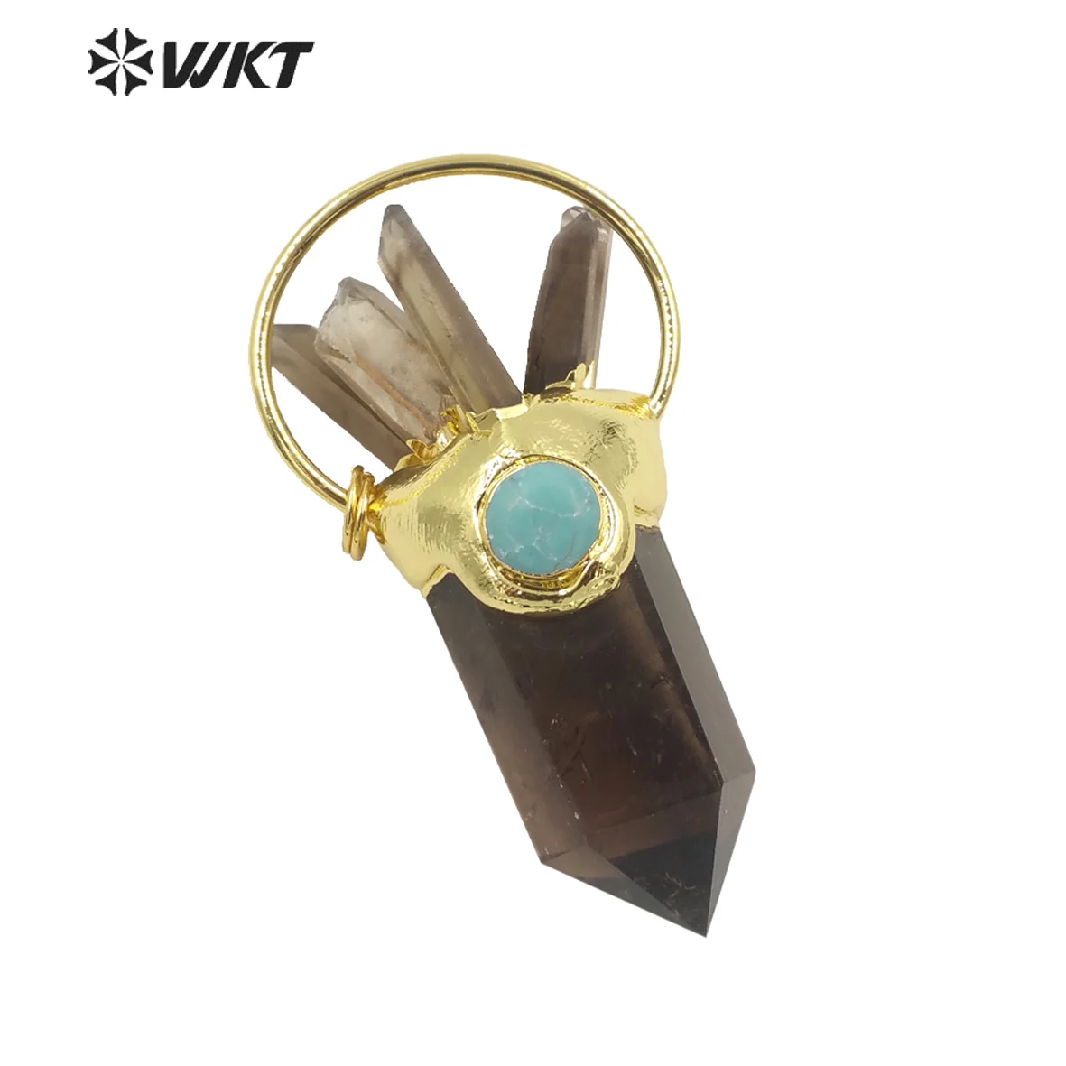 WT-P1672 Wholesale Popular Women Handmade Smoky Quartzs Spirit Hexagon Shape Stone Pendant With Turquoises Charm In Gold