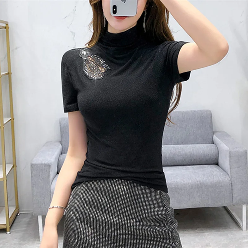 

#5202 Black Red Green Shinny Turtleneck T Shirt Women Short Sleeve Slim Hollow Out Diamonds Tight T-shirt Femme Sexy Summer 2023