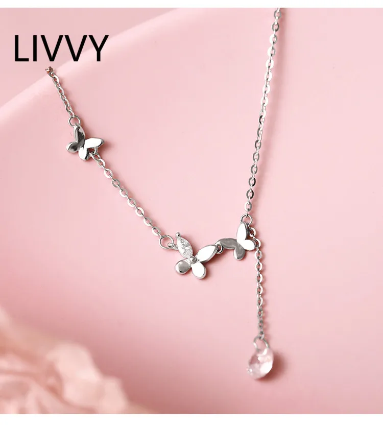 LIVVY Silver Color Butterfly Drop Shaped Crystal Zircon Pendant Necklace For Women Simple Trendy Birthday Party Jewelry Gifts