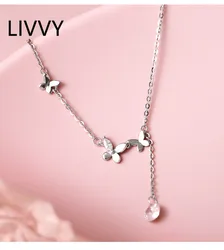LIVVY Silver Color Butterfly Drop Shaped Crystal Zircon Pendant Necklace For Women Simple Trendy Birthday Party Jewelry Gifts