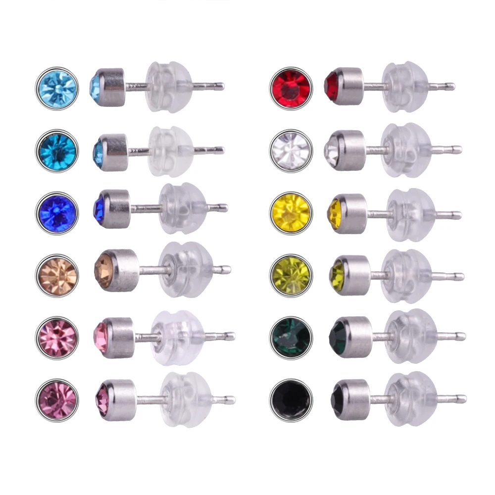 12 Pairs 316L Stainless Steel Stud Earrings,Birthstone Colourful Crystal Earring Sets for Women and Girls with Size 3mm 4mm 5mm