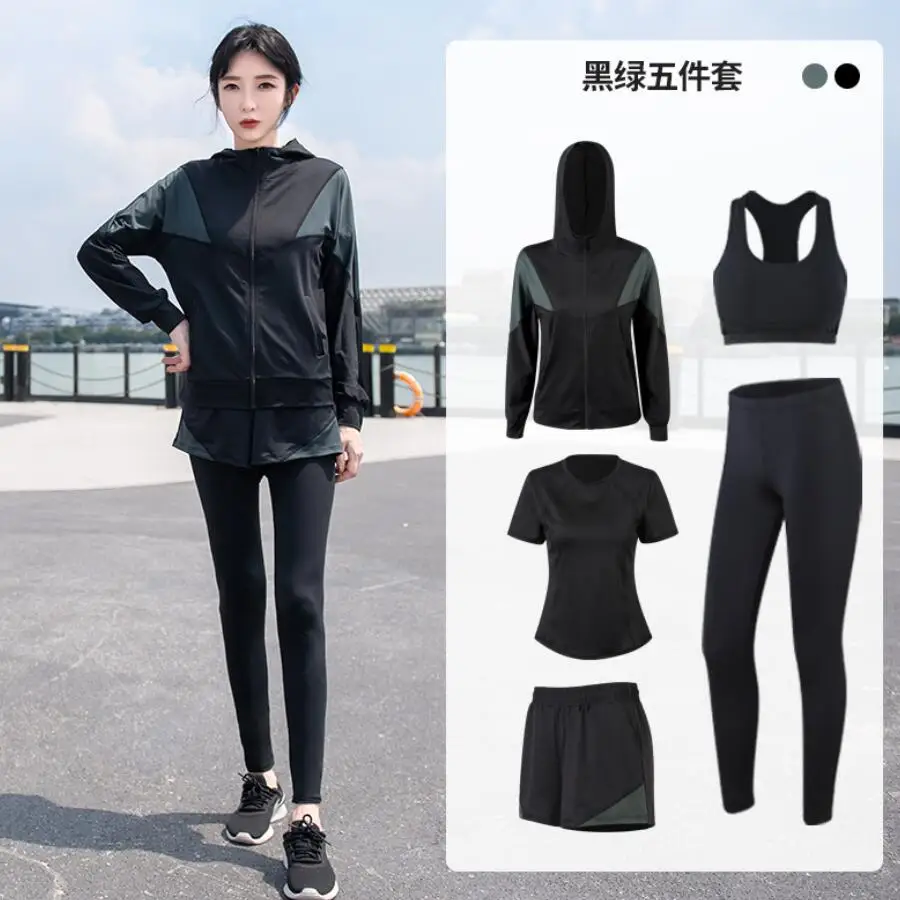 Workout Sports Running Suits Women Yoga Fitness Gym Clothing Set Training Coats+T Shirt+Bra+Shorts+Pants Ropa Mujer