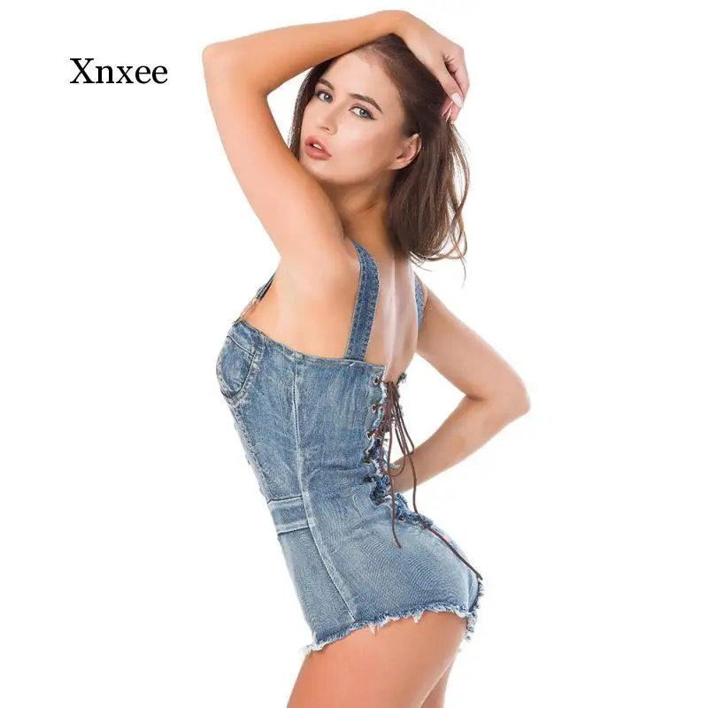 Mùa Hè Mới Spaghetti Dây Đeo Quần Jean Jumpsuitskorean Dạo Phố Đơn Ngực Mỏng Playsuits Sexy Đi Biển Phong Cách Denim Bodysuits