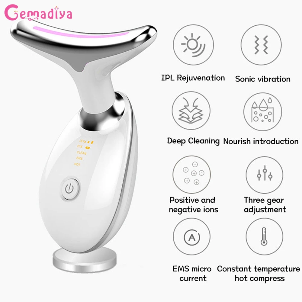 LED Photon Therapy Neck Facial Lifting Massager EMS Skin Tighten Reduce Double Chin Heating Anti-Wrinkle Remove Neck Eye Device