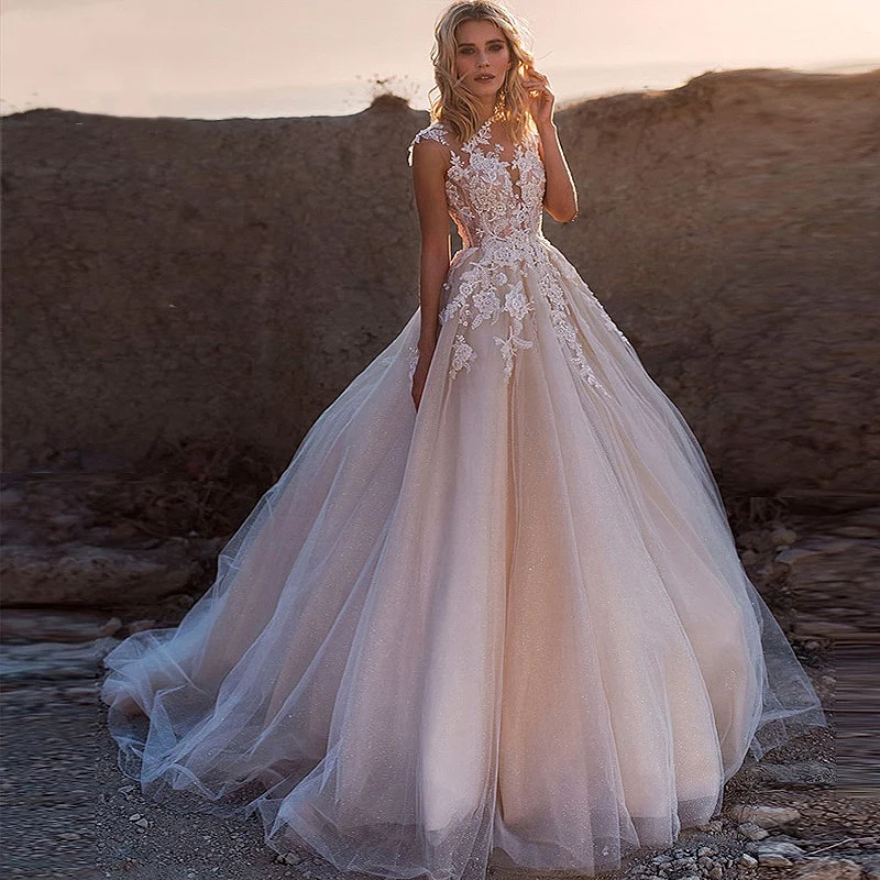 

Scoop Illusion Lace Applique Wedding Dresses A Line Sleeveless Tulle Dress Sweep Train Bridal Gown with Back Buttons