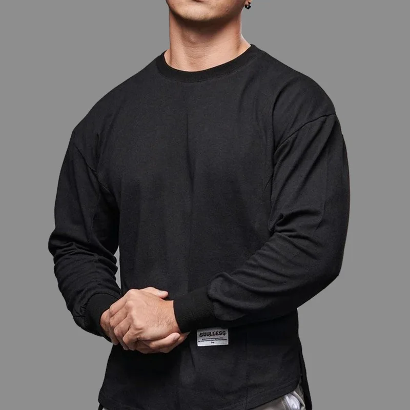 Men Long Sleeve Shirts Solid Cotton T Shirt  Curved Hem Mens Autumn Shirt for Men Workout Streetwear