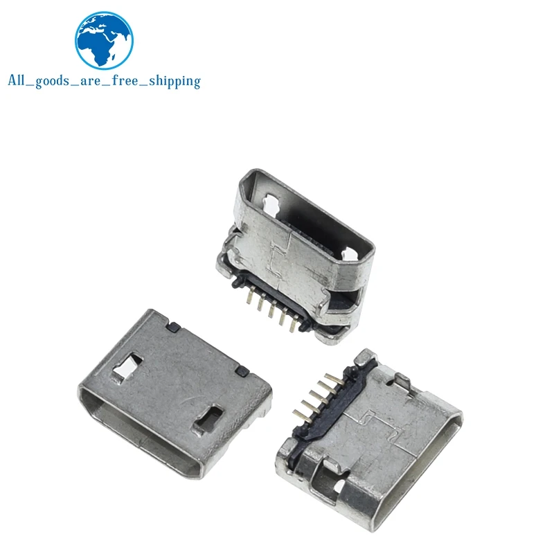 Micro USB fêmea boca plana soquete, sem lado, quatro pernas, mini conector USB, 5Pin, 10pcs