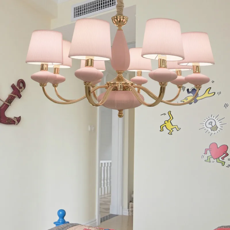 

Amazing Princess pink chandelier kid's lighting European hotel cloth cover led furniture Girl bedroom Ceramic Chandelier Lampara