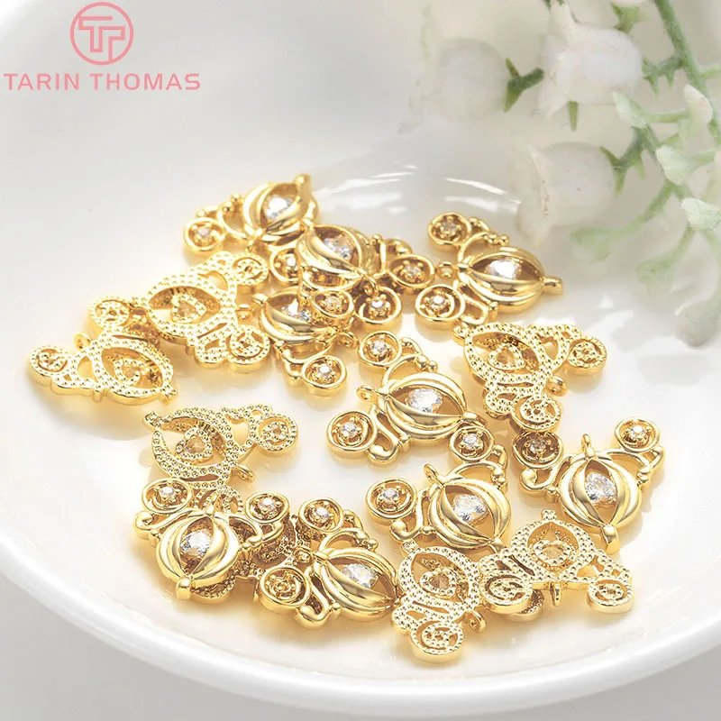 (969)6PCS 14x13.5MM 24K Gold Color Plated Brass with Zircon Pumpkin Car Pendants Charms High Quality Jewelry Making Findings