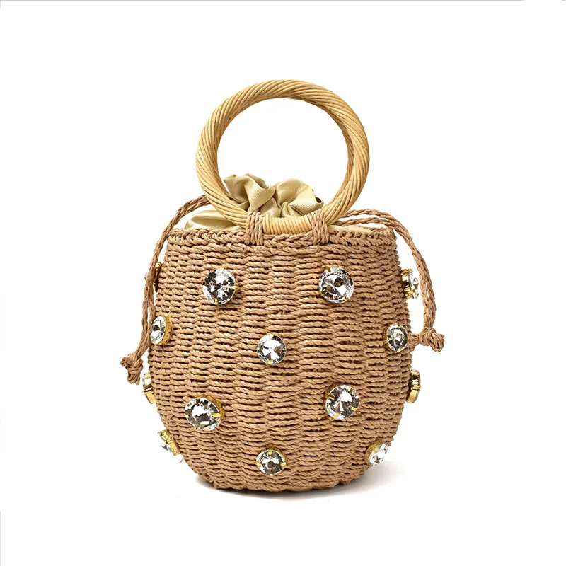 Bolso de paja hecho a mano para mujer, bolsa pequeña de paja con adornos de cristal y diamantes de imitación, de viaje, novedad de 2021