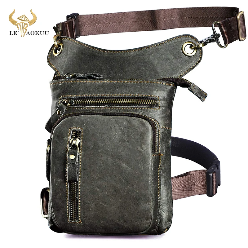 Real Cow Leather Design Men Crossbody Satchel Bag Fashion Gray Organizer Fanny Waist Belt Pack Drop Leg Bag Tablet Case 211-11