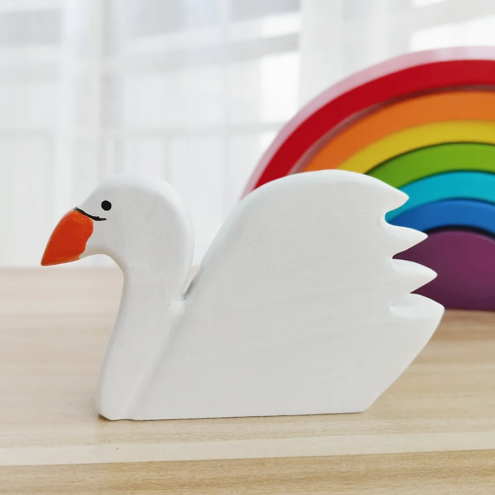 White Swan ไม้ธรรมชาติ Montessori Handmade รูปสัตว์ขนาดใหญ่ Handcarft ของเล่นสำหรับเด็กสัตว์ความรู้ความเข้าใจของเล่นเพื่อการศึกษา