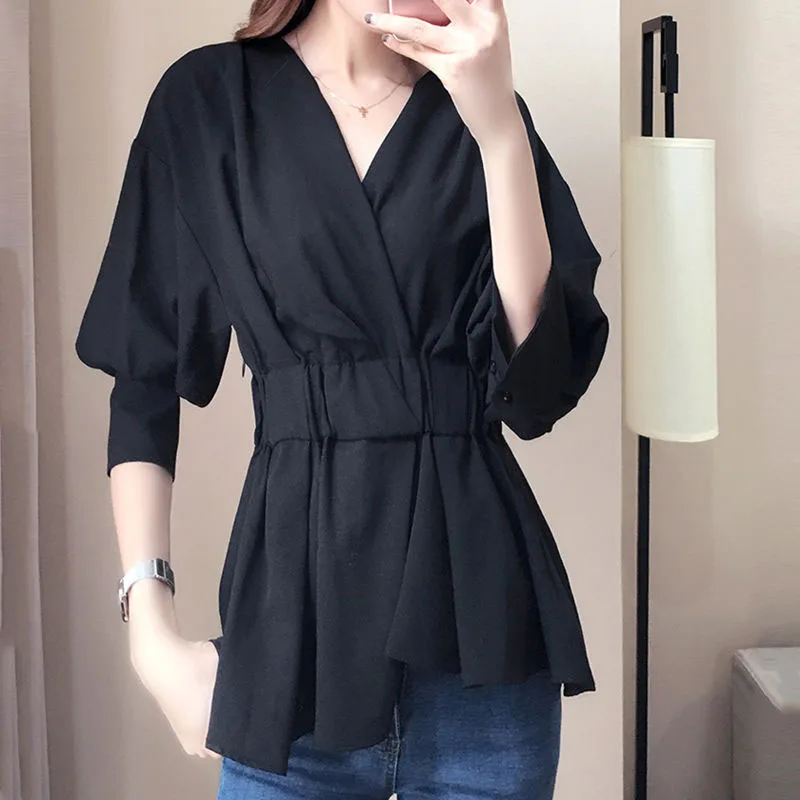 Mulheres primavera verão estilo blusas camisas senhora casual meia manga cor sólida v-neck wrap blusas topos rr0064