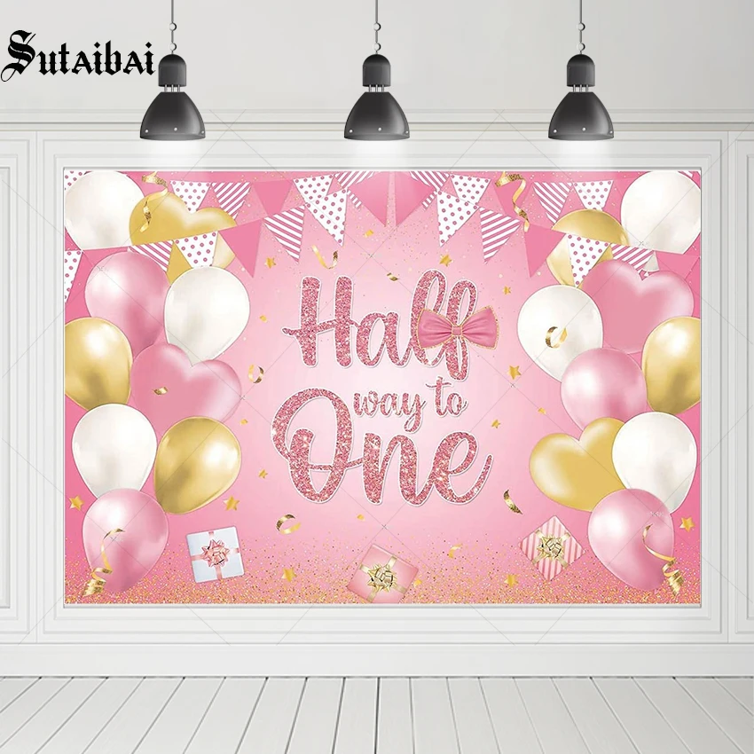 Half Way To One Happy Birthday Backdrop Girl Princess Pink Gold 1/2 Years First 6 Months Baby Shower Anniversary Party Supplies