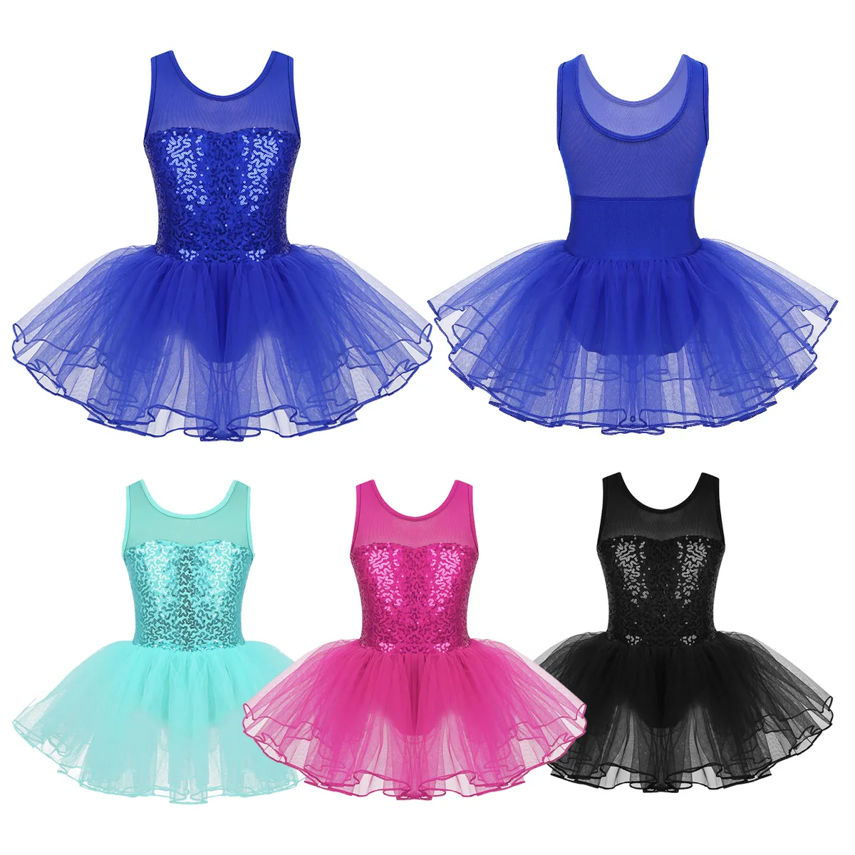 Sequins Kids Girls Ballerina Dancewear Sleeveless Stretch Mesh Splice Ballet Dance Tulle Gymnastics Leotard Mesh Tutu Dress