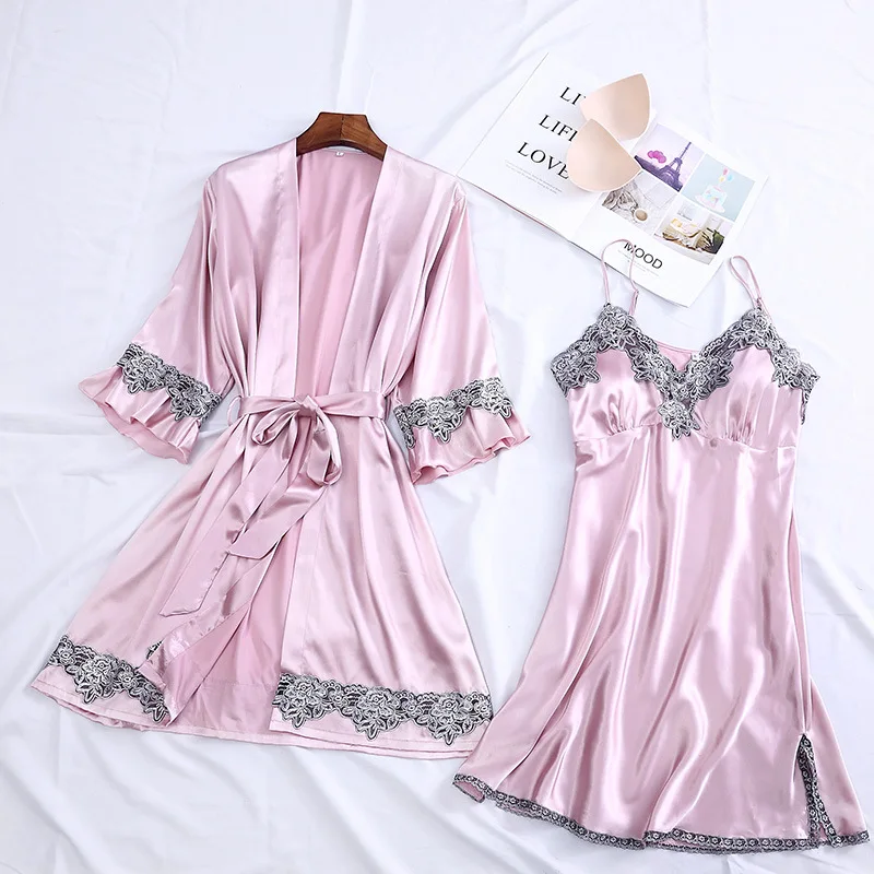 Oversize Lady 4PCS Robe Set Kimono Gown Satin Nightdress Sleepwear Lace Patchwork Nightgown Homewear Sexy Intimate Lingerie