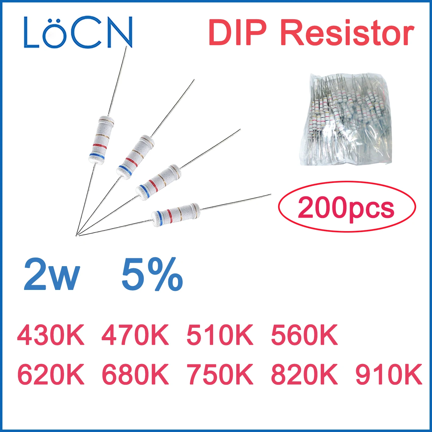 200Pcs 5% 2Wตัวต้านทานฟิล์มคาร์บอนDIP 430K 470K 510K 560K 620K 680K 750K 820K 910K OHMสีแหวน