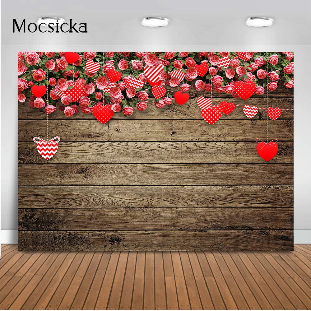 

Valentine'S Day Backdrop For Photography Studio Love Heart Month'S Day Rustic Wood Floor Photo Background Studio Rose Flowers