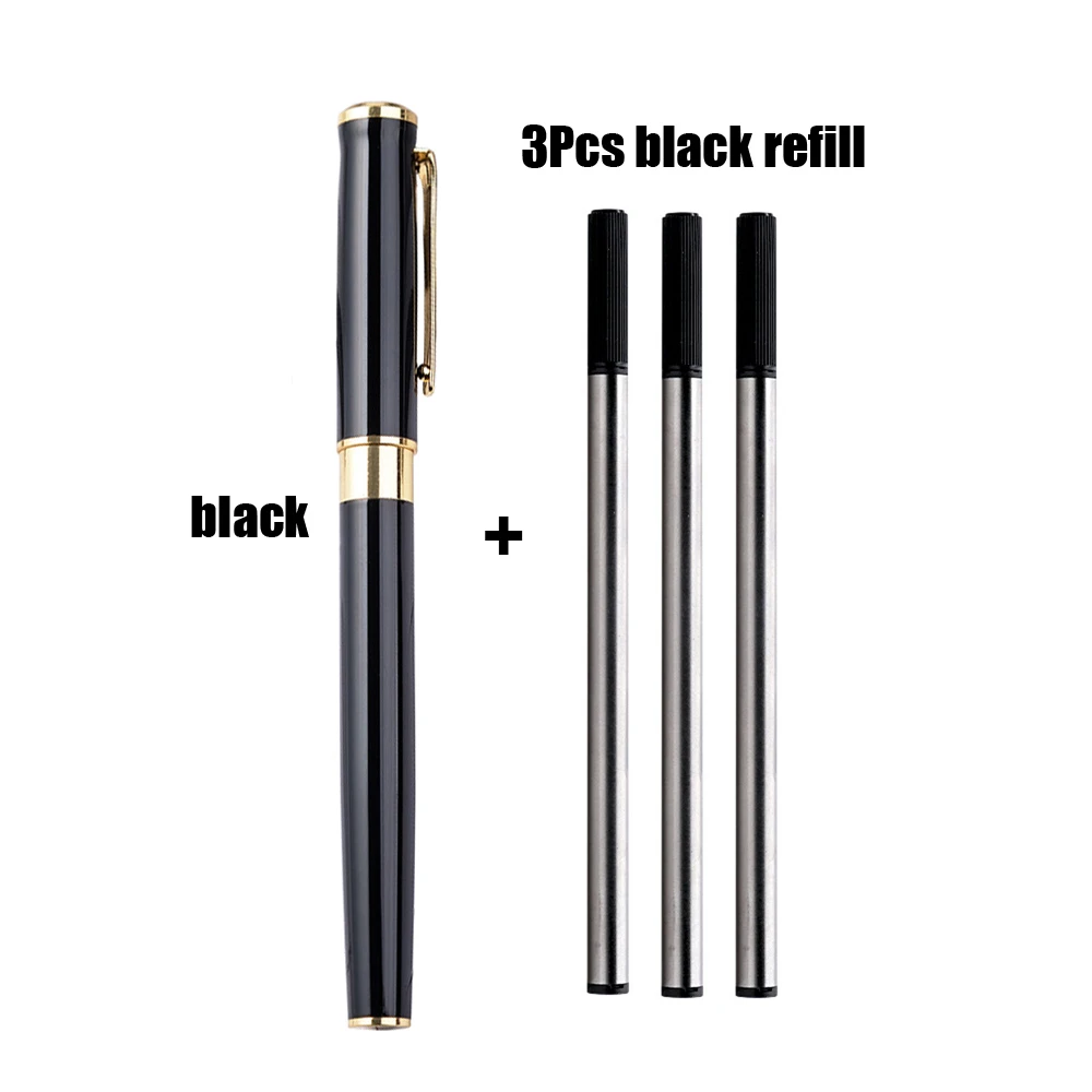 1 + 3Pcs Luxo Metal Gel Caneta 0.5mm Dica Rolo Pen Hotel Negócios Escrita Caneta Esferográfica Escola Escritório Papelaria