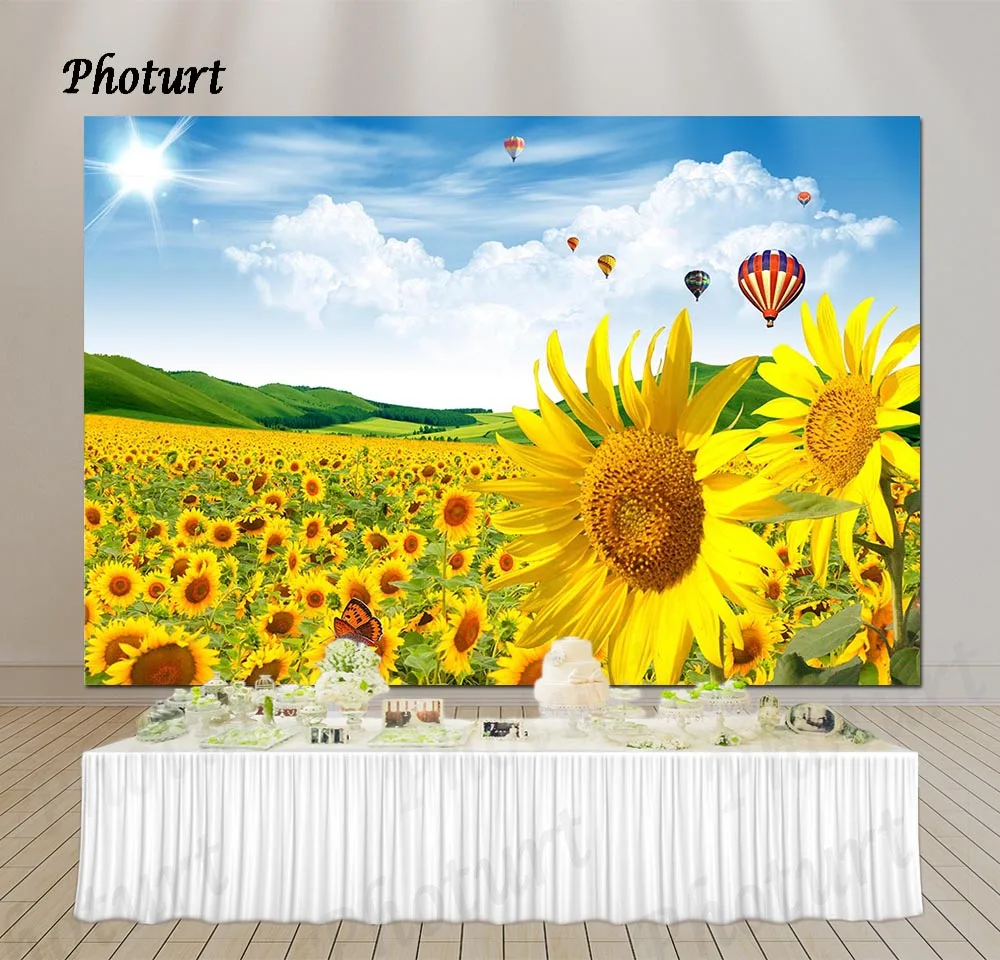 PHOTURT Sunflower Photography Background Birthday Party Backdrop Golden Flower Sky Cloud Hot Balloon Photo Props