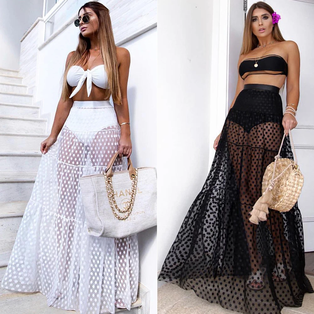 Sexy Dot Printed High Waist Skirt New See Through Summer Fashion Skirts Transparent Long Maxi Skirts Ball Gown Tulle Skirt