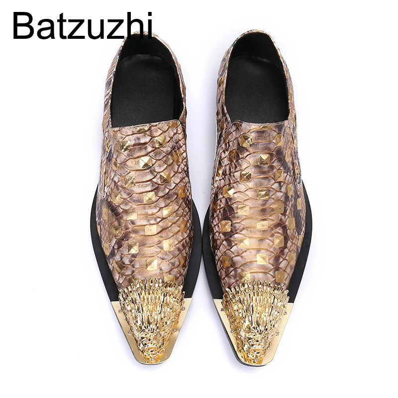 Batzuzhi Golden Men's Shoes Pointed Metal Toe Formal Leather Dress Shoes Men Slip on Fashion Business, Party and Wedding Shoes