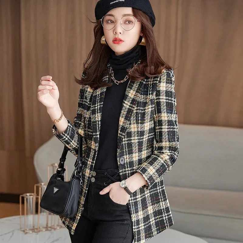 Blazer Women Autumn Winter Plaid V-Neck Slim Waist Tweed Jacket Fashion Vintage Office Lady Casual Suit Coat Graceful Clothing