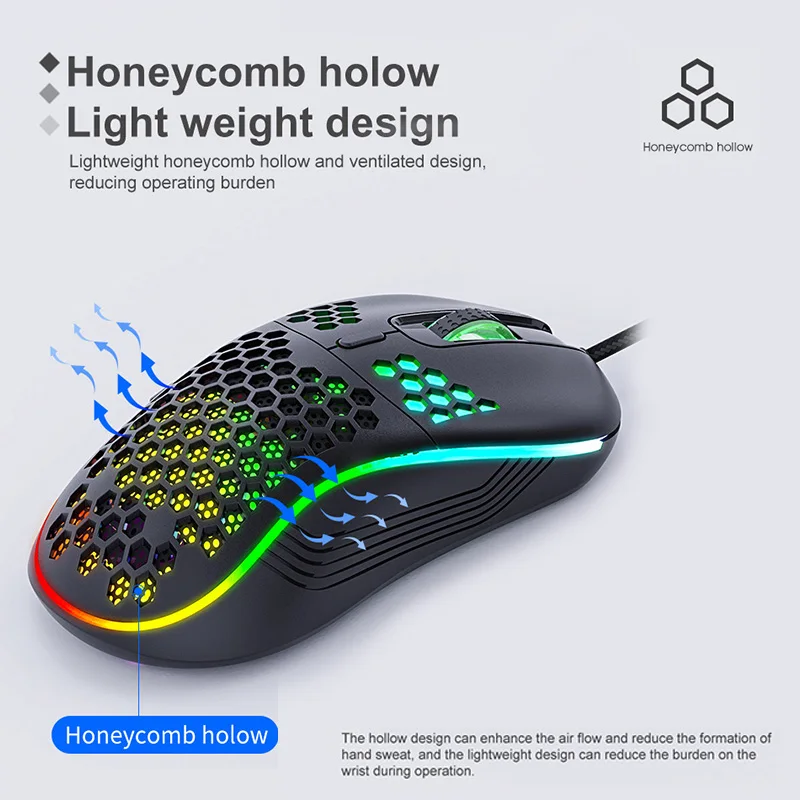 Highend Lightweight RGB Gaming Mouse 7200DPI Honeycomb Shell Ergonomic Mice with Ultra Weave Cable For Computer Gamer PC Desktop