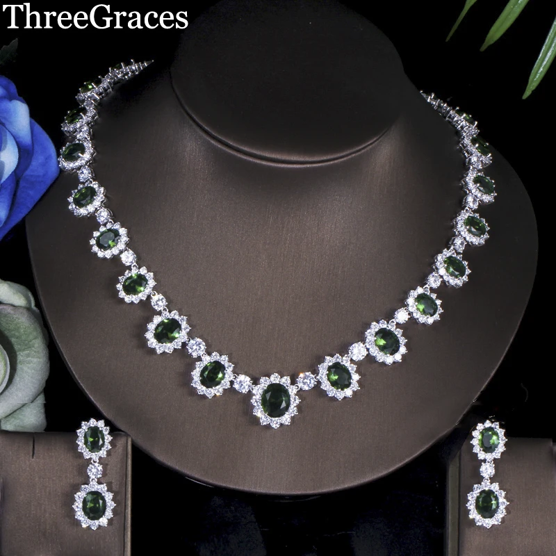 ThreeGraces Gorgeous White Gold Color Full Pave Around Dark Green Oval Shape CZ Stone Big Flower Jewelry Sets For Women JS041