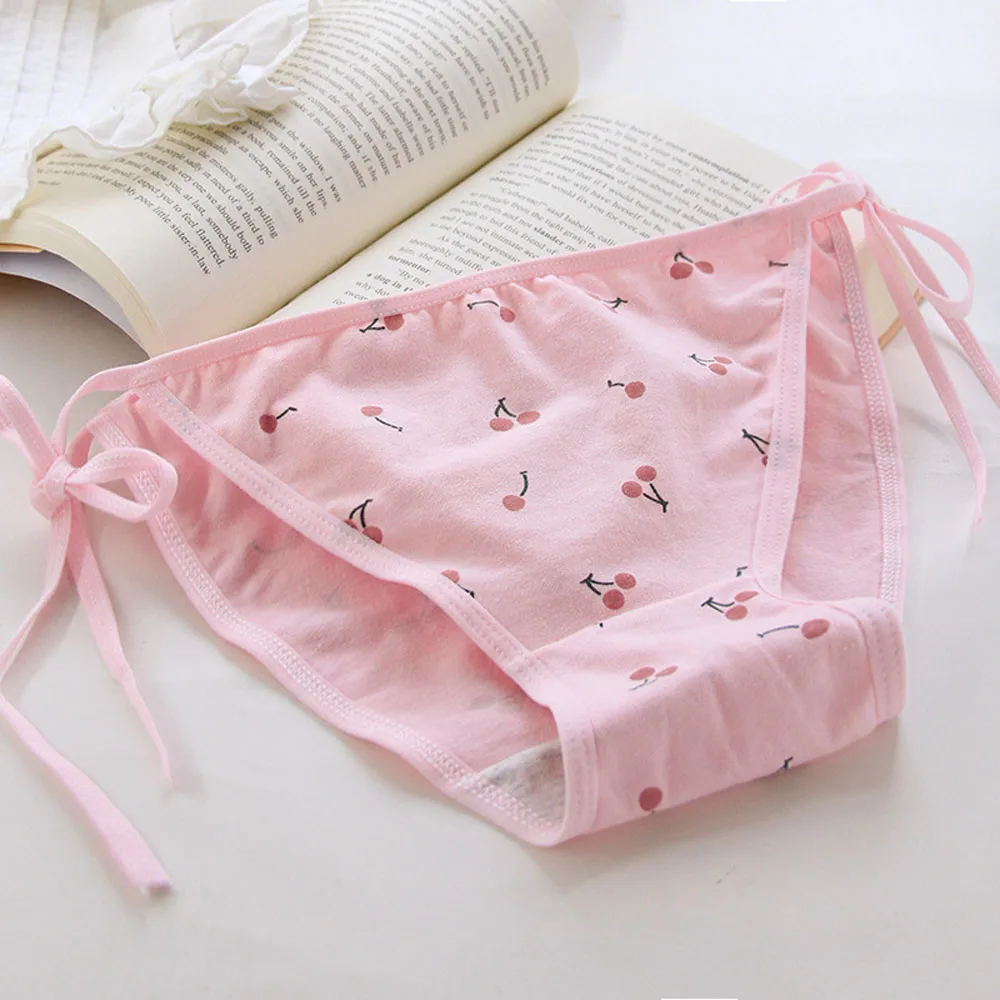 Cherry Wit Roze Katoenen Naadloze Slipje Lolita Meisjes Bandage Slips Lingerie Voor Vrouwen Diy Tie Boog Strappy Ondergoed