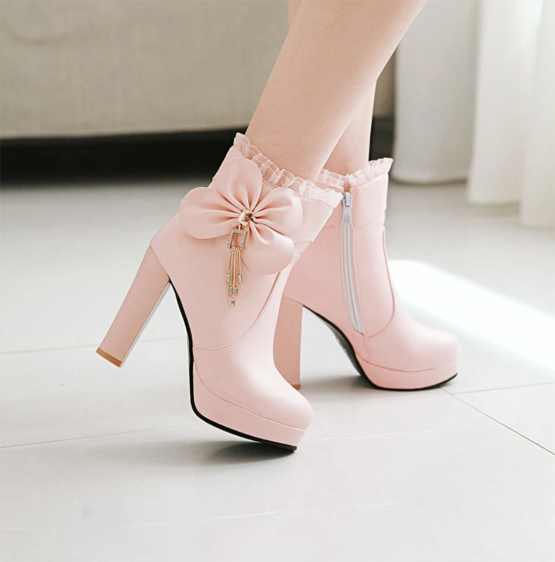 Girls' Shoes Fashion Ankle Boots For Women High Heels Sweet Bow Booties Platform PU Leather Wedding Party Shoes Woman Size 33-43