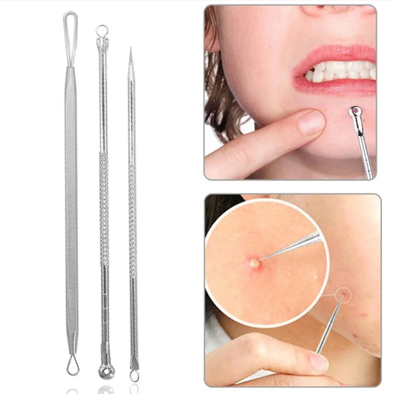 3Pcs Blackhead Pimple Acne Remover Tool Spoon for Face Cleaning Skin Care Acne Tweezers Comedone Blemish Extractor Needle