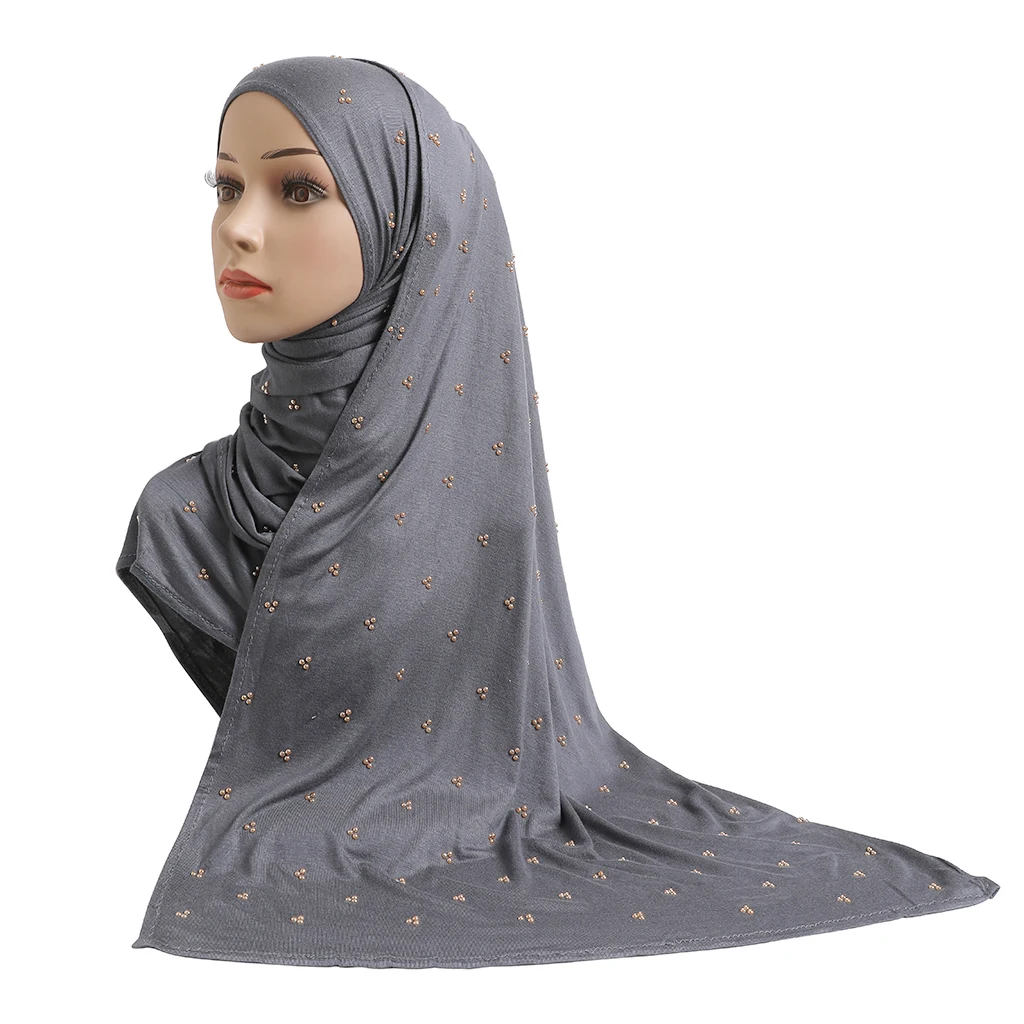 H201 High Quality Soft Cotton Jersey Scarf With Beadings modal headscarf women\'s hijab islamic female shawl Lady Bonnet headwrap